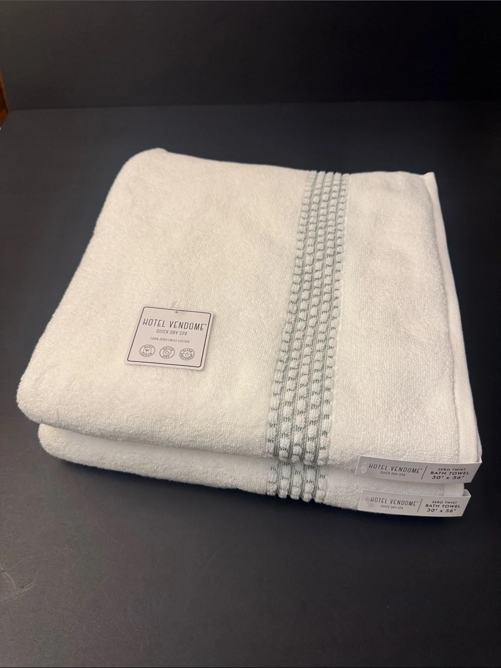 2pc HOTEL VENDOME Quick Dry Spa 100% Zero Twist Cotton Bath Towel Set -Wht/Green